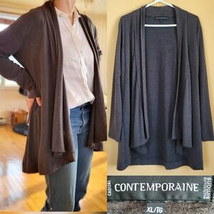 Simons Contemporaine Draped Open Front Neutral Charcoal Gray Cardigan XL‎